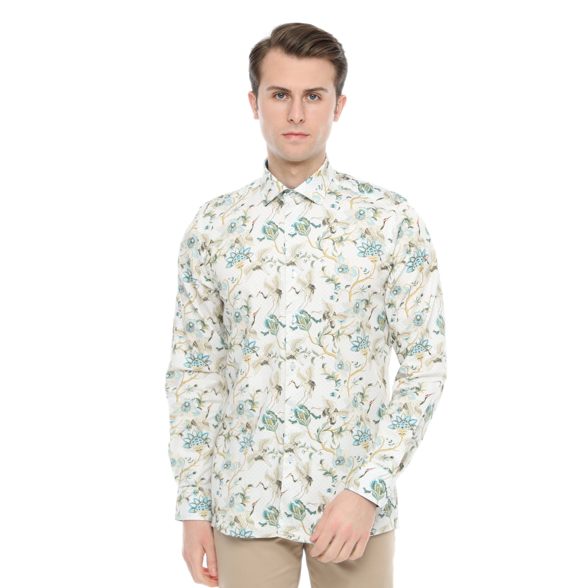 Xact Men's Crane Bird Print Long Sleeved Shirt, Regular Fit-Main Image