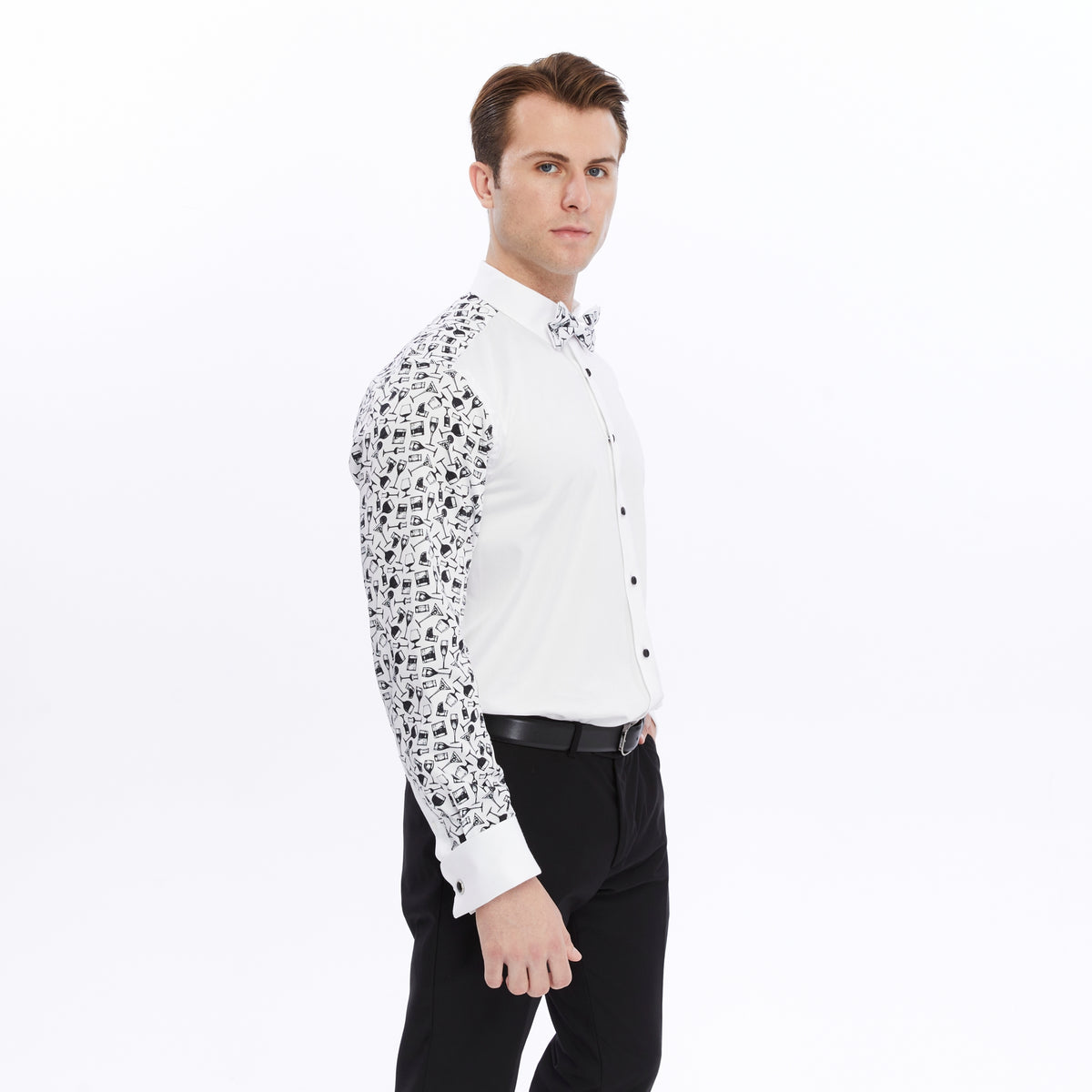 Xact Men's Printed Tuxedo Shirt, Double/French Cuff, Regular Fit, Bow Tie & Cuff Links Included-4