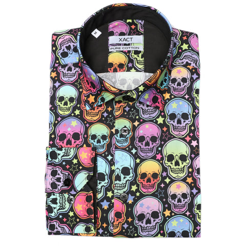 Xact Men's Neon Skulls & Stars Print Long Sleeved Shirt, Regular Fit-Main Image