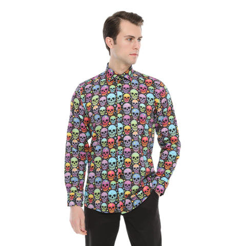 Xact Men's Neon Skulls & Stars Print Long Sleeved Shirt, Regular Fit-Main Image