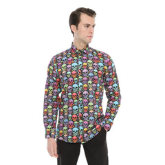 Xact Men's Neon Skulls & Stars Print Long Sleeved Shirt, Regular Fit-Main Image
