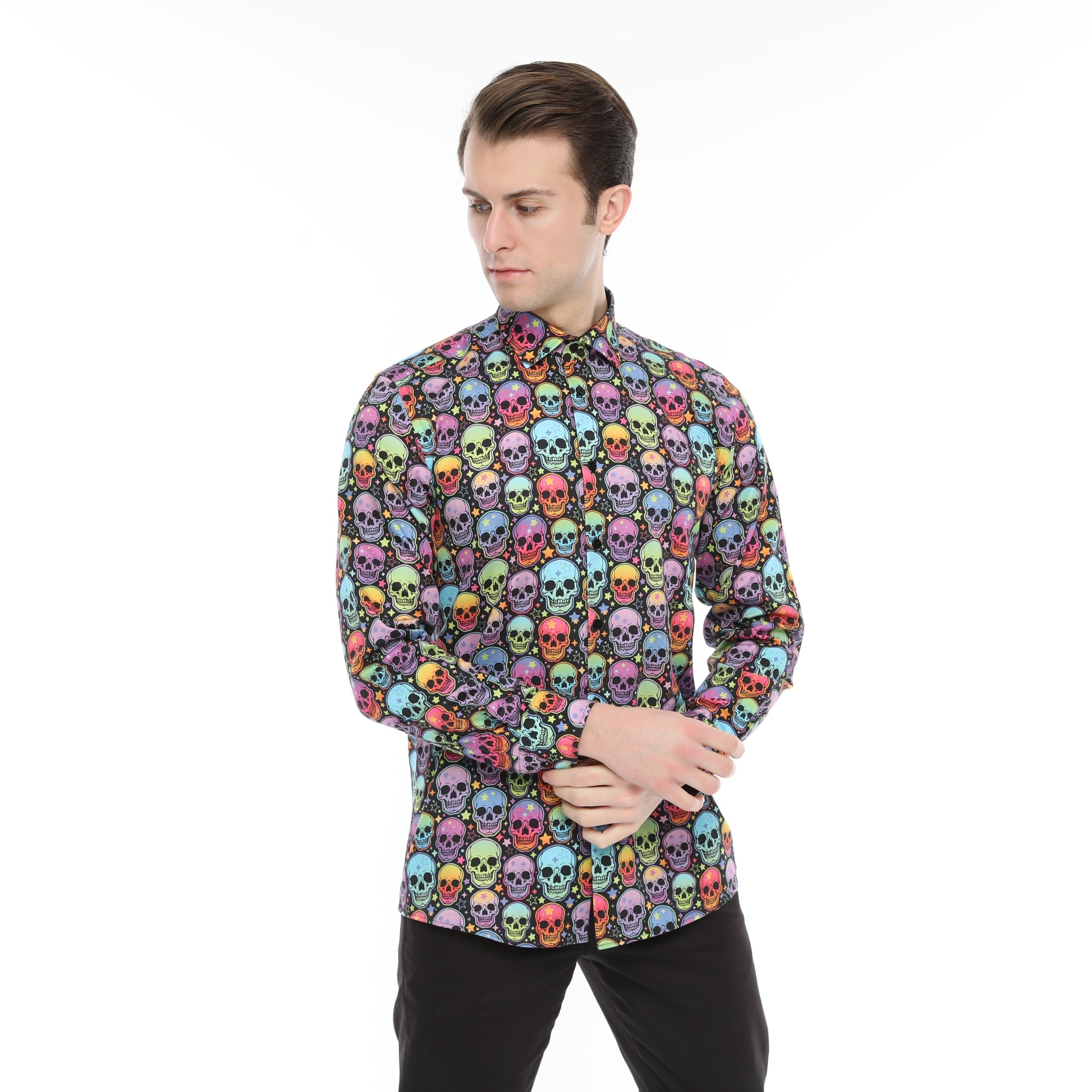 Xact Men's Neon Skulls & Stars Print Long Sleeved Shirt, Regular Fit
