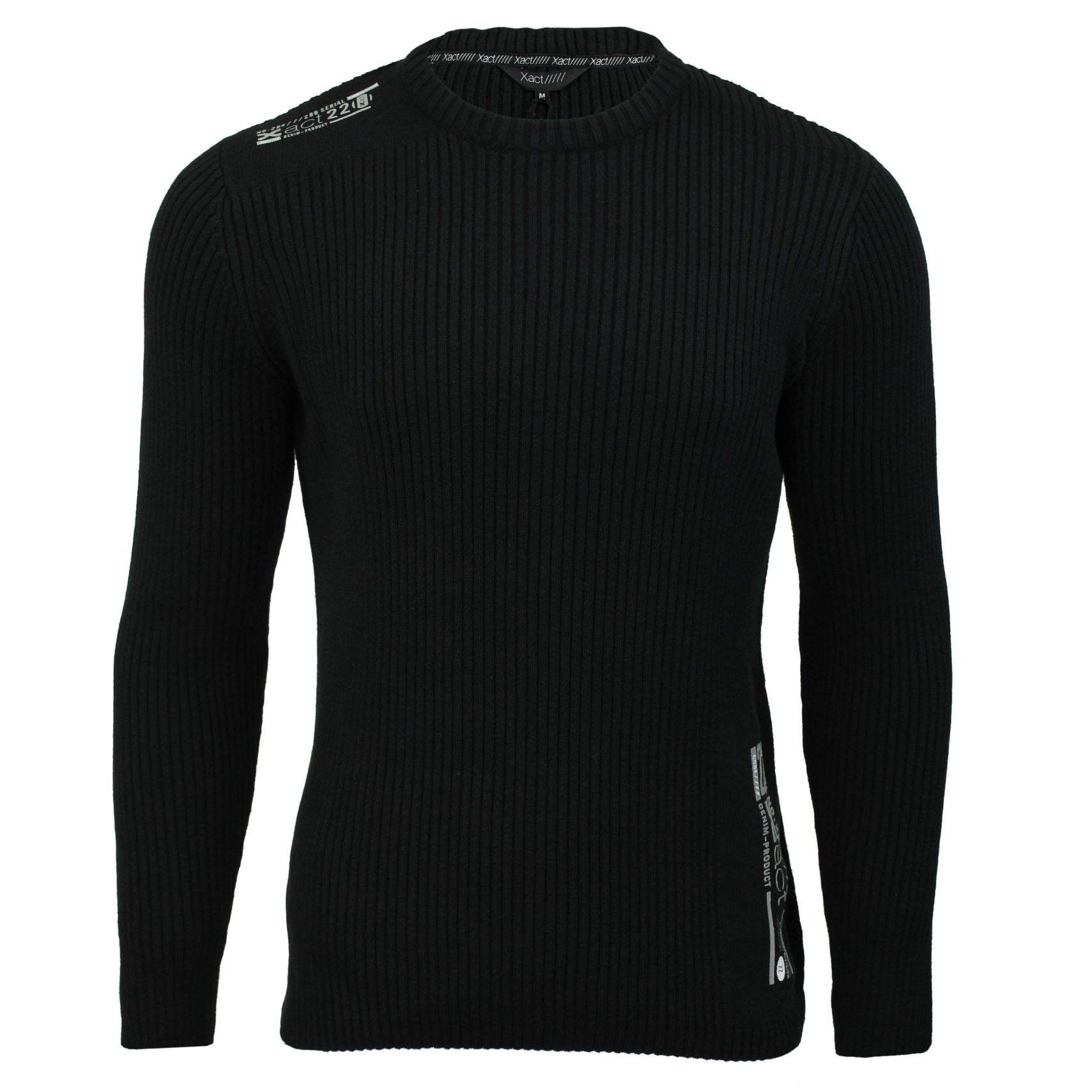 Mens Jumper Cotton Ribbed Knit Xact Clothing Crew Neck Long Sleeved (Black)-Main Image