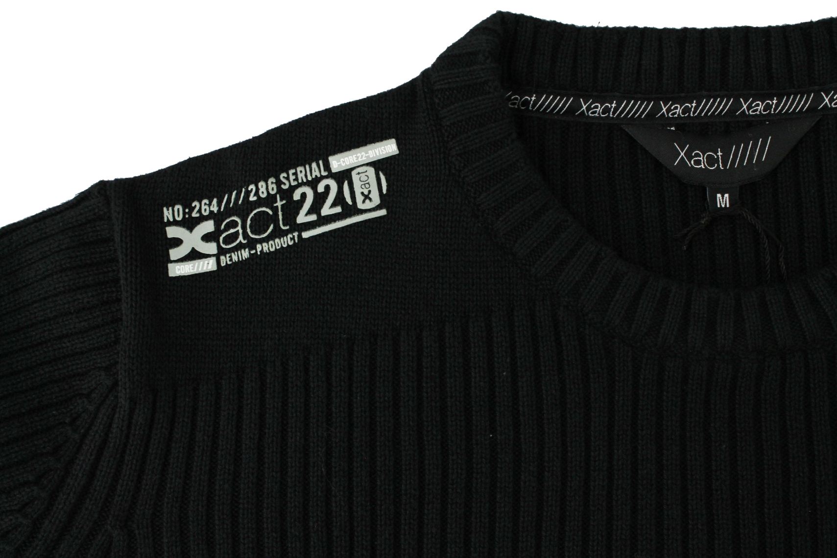 Mens Jumper Cotton Ribbed Knit Xact Clothing Crew Neck Long Sleeved (Black)-2