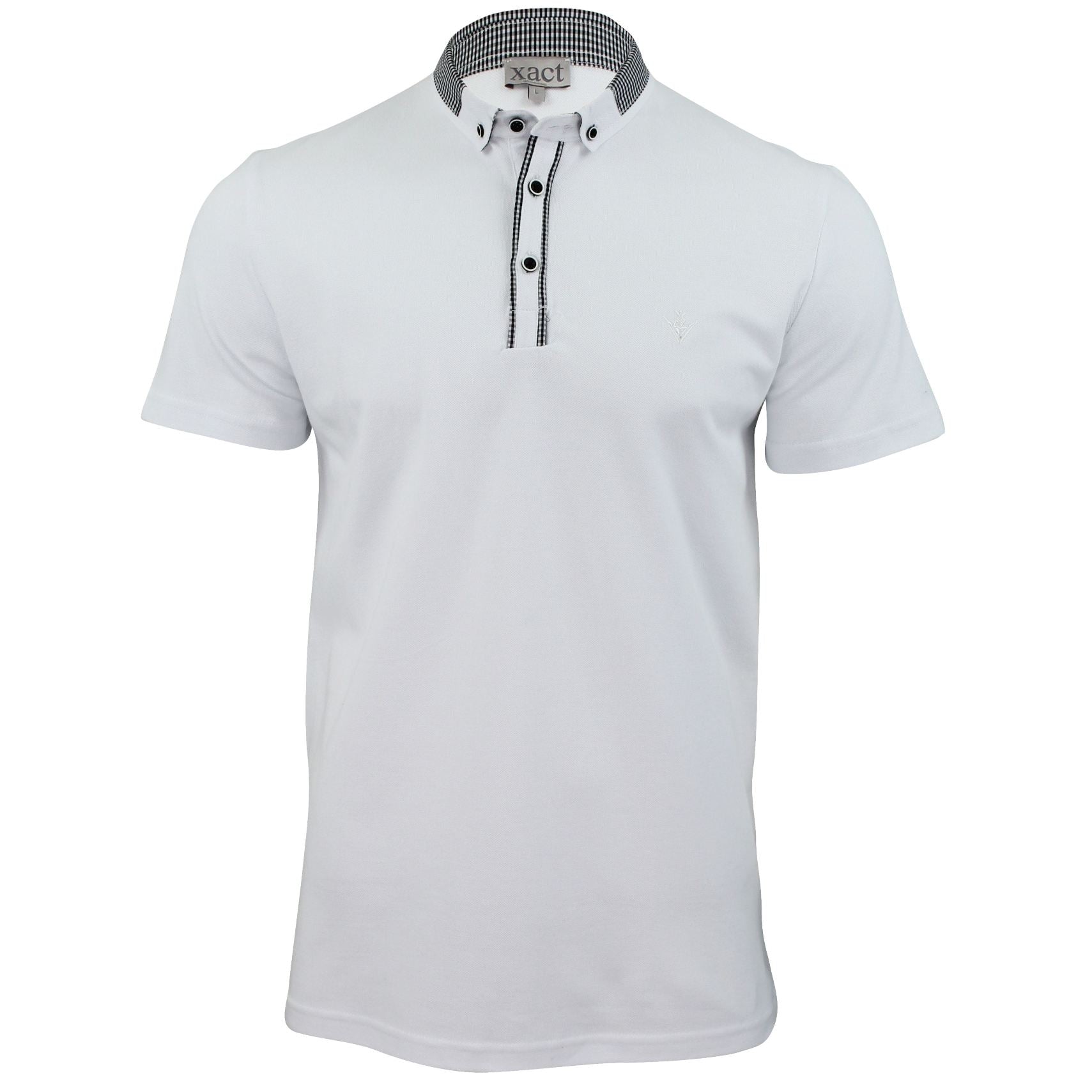 Mens Pique Polo Shirt Xact Clothing Cotton Gingham Collar & Trims Button Down (White)-Main Image
