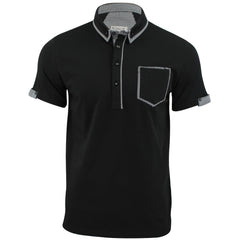 Mens Polo Shirt Xact Clothing Cotton Rich Gingham Collar & Trims Stretch Lycra (Black)-Main Image