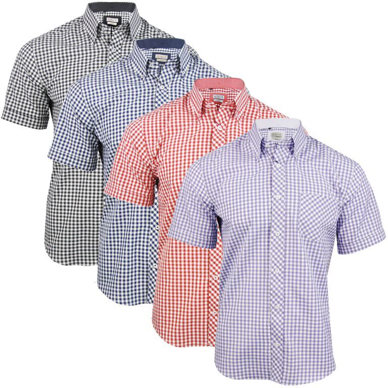 Mens Short Sleeve Gingham Check Shirt Button Down Collar Slim Fit By Xact-3