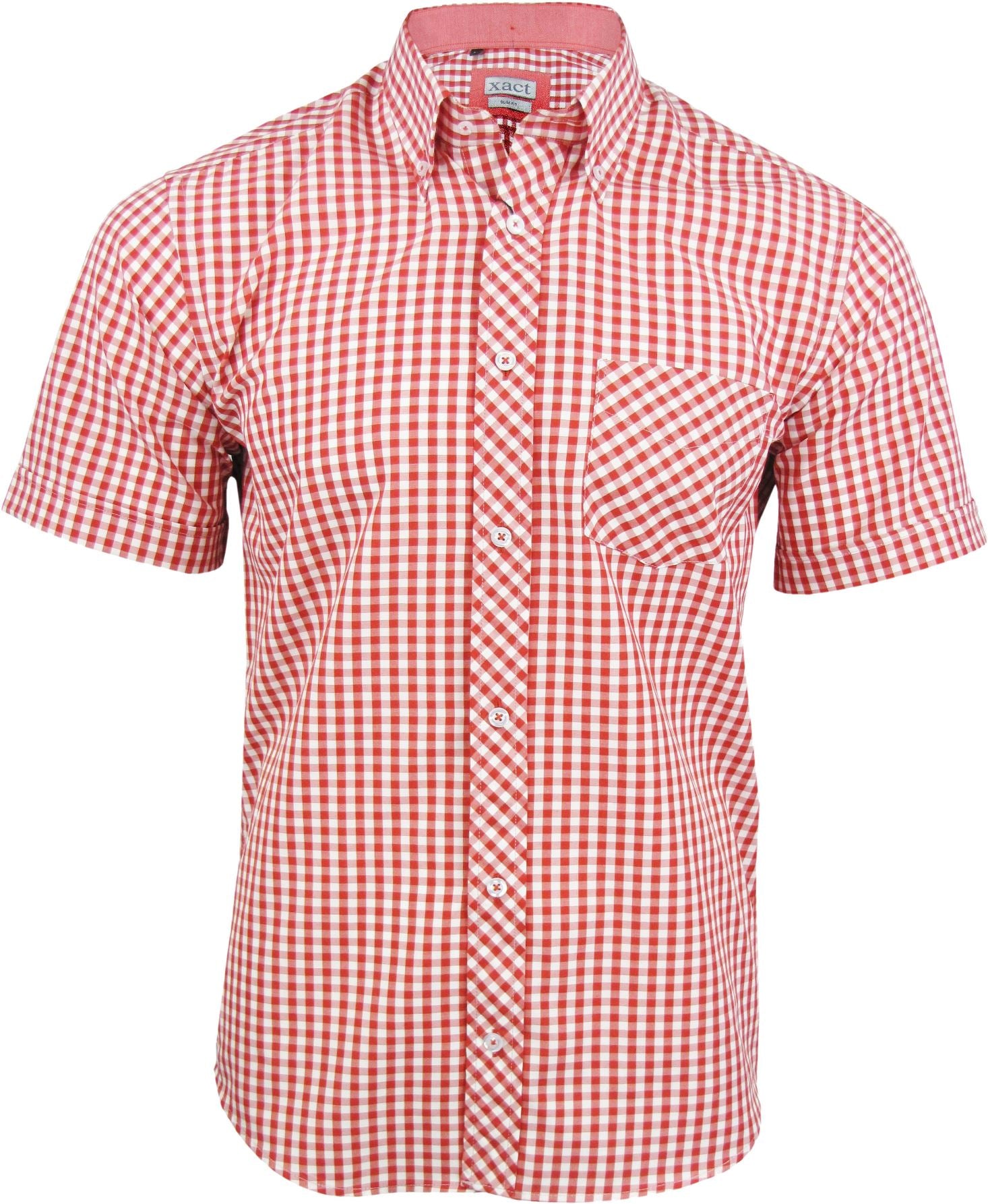 Mens Short Sleeve Gingham Check Shirt Button Down Collar Slim Fit By Xact-Main Image