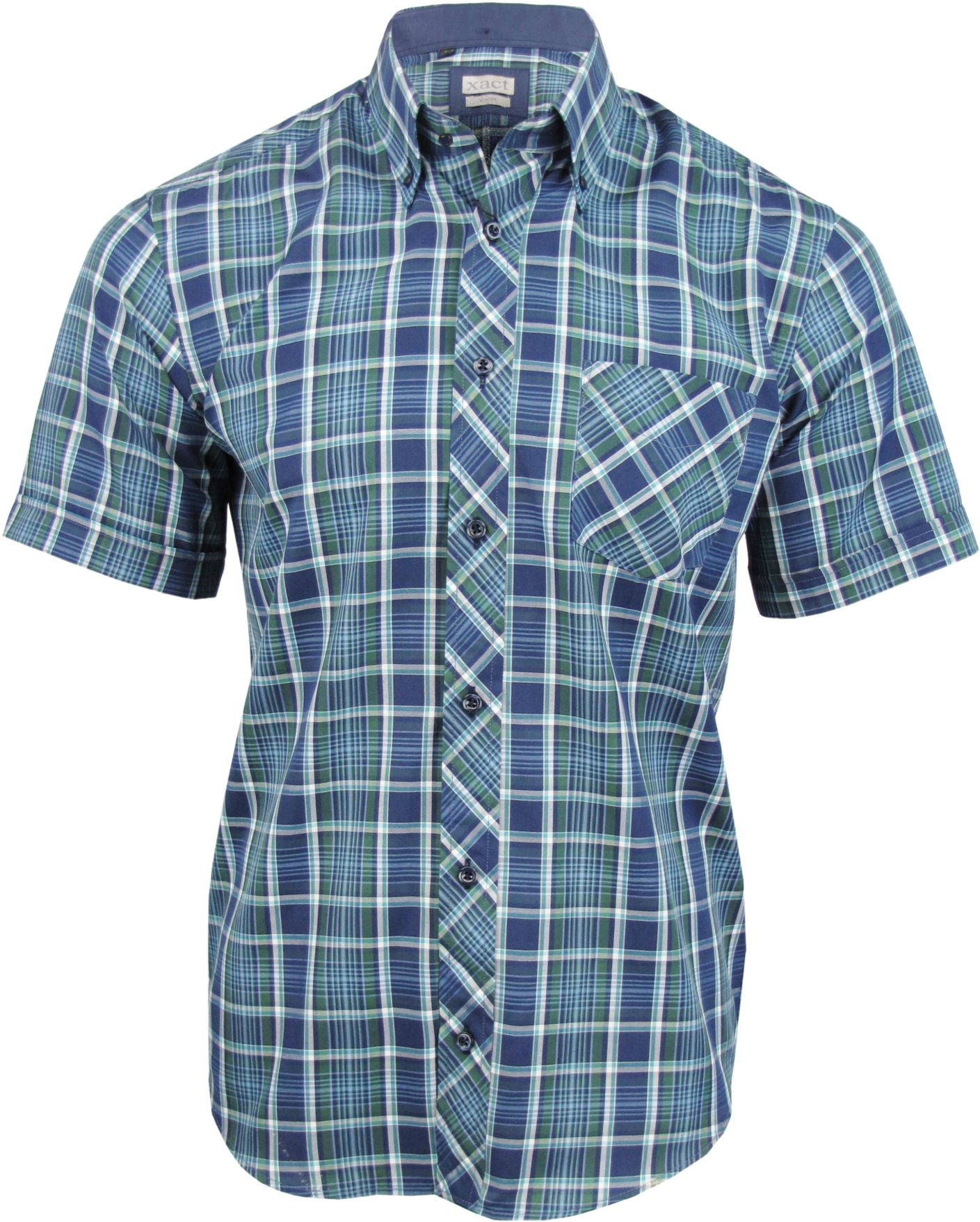 Mens Short Sleeve Check Shirt Button Down Collar Slim Fit By Xact-Main Image
