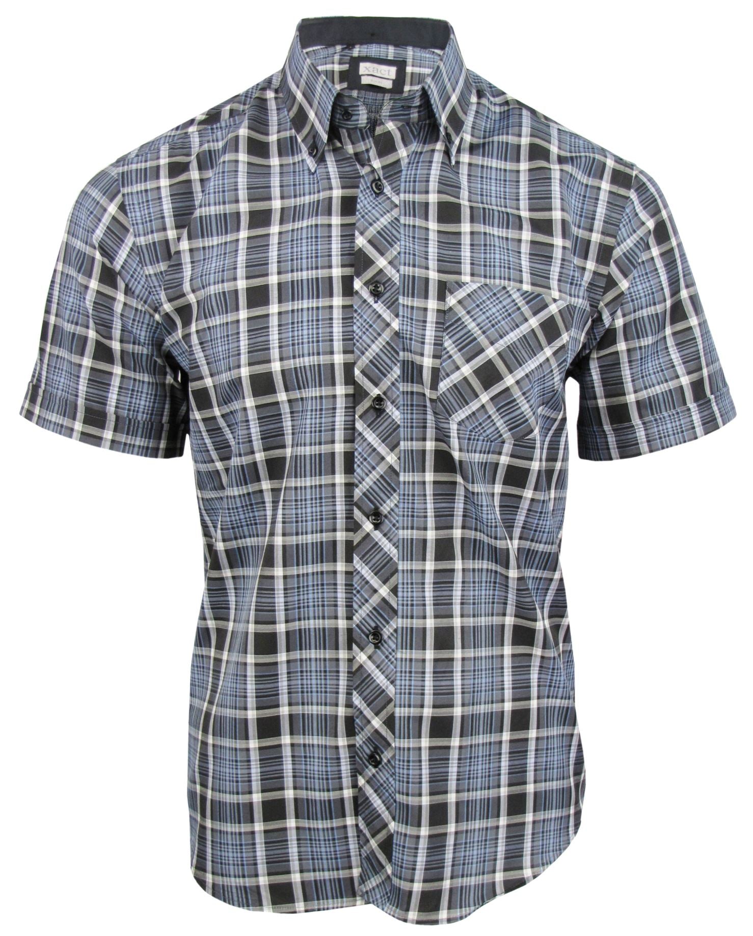 Mens Short Sleeve Check Shirt Button Down Collar Slim Fit By Xact-Main Image